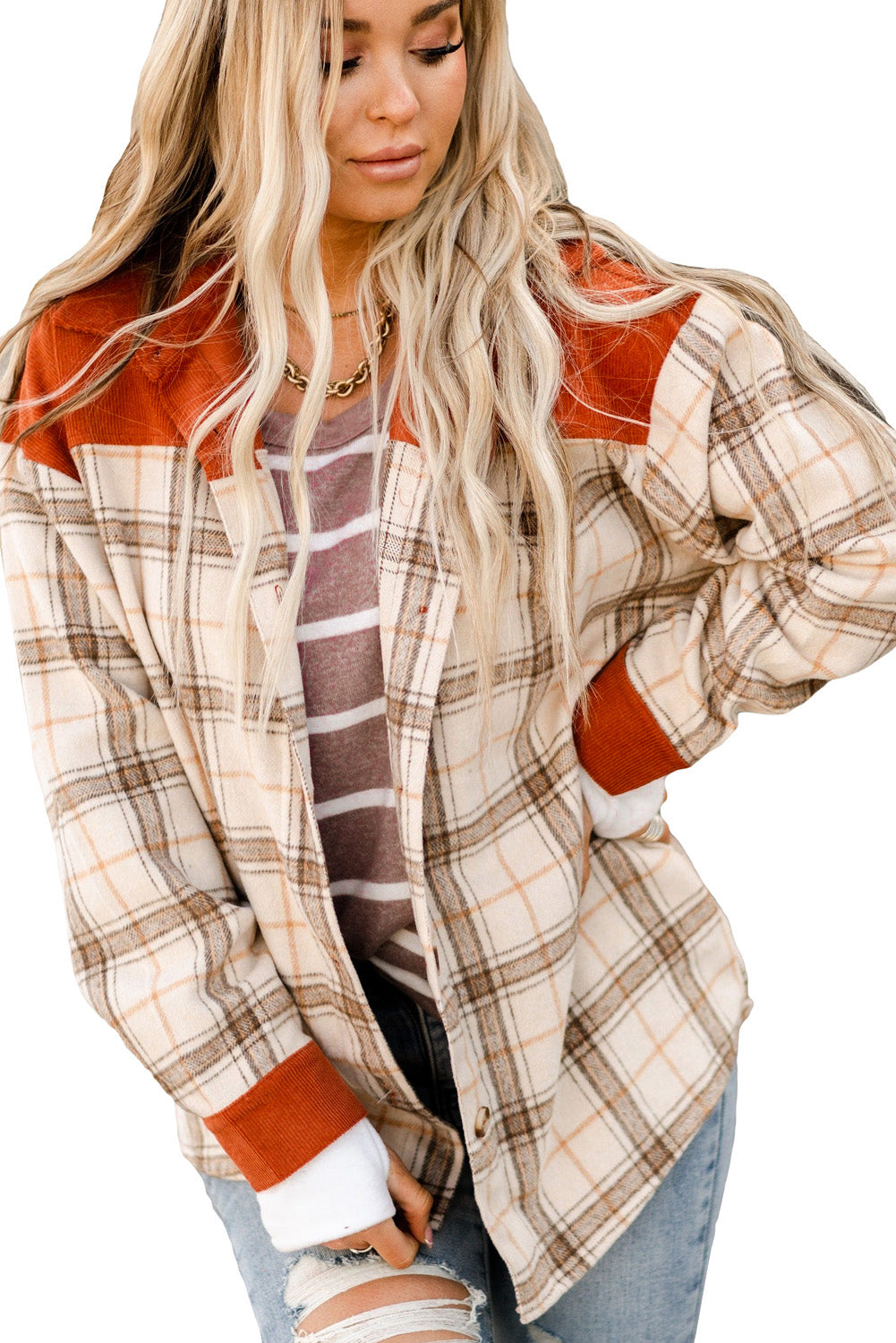 Winter Outfits Orange Contrast Corduroy Plaid Shacket