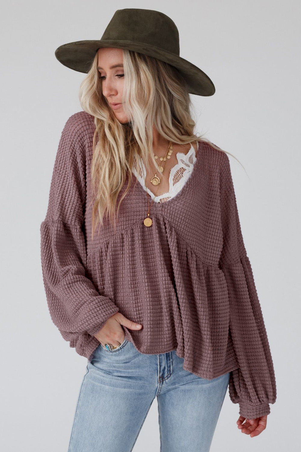 Purple Waffle Knit Babydoll Top
