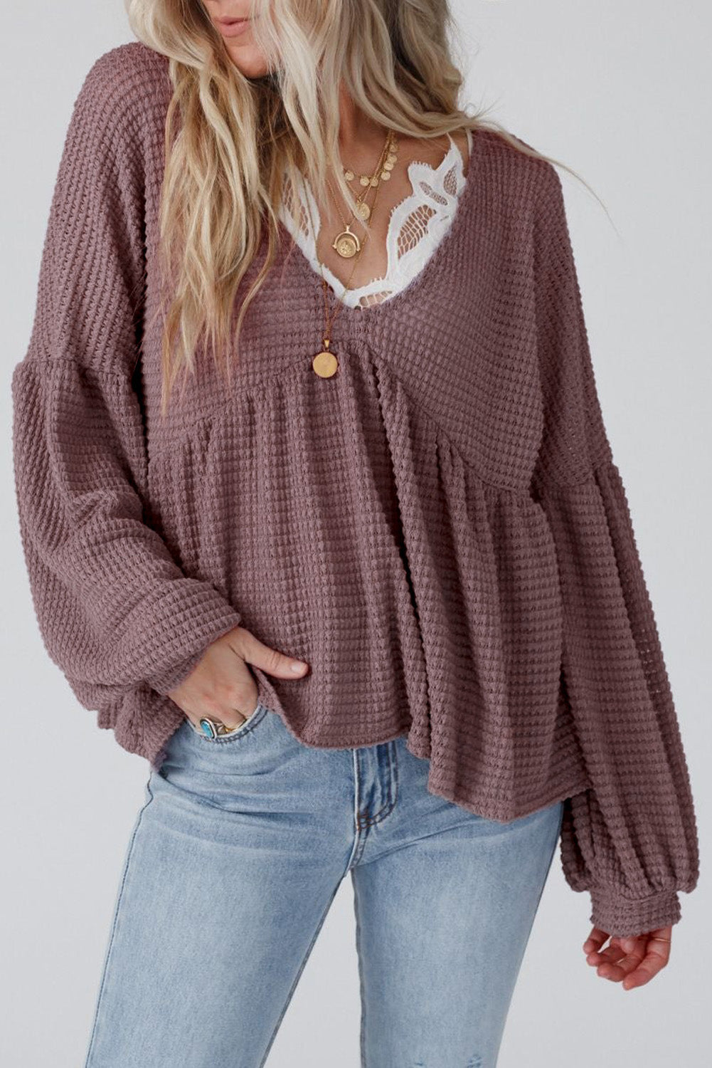 Purple Waffle Knit Babydoll Top