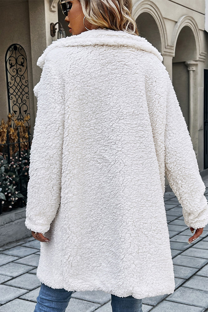 White Lapel Collar Open Button Plush Coat