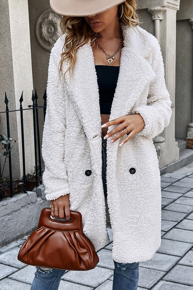 White Lapel Collar Open Button Plush Coat