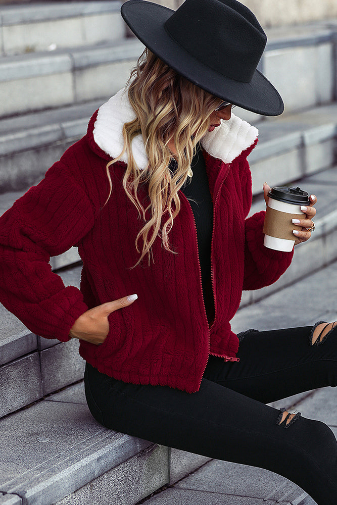 Zipper Design Ribbed Fleece Jacket Coat