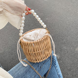 Pearl Chain Round Handmade Rattan Beach Bag