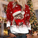 Christmas Sweatshirt  Pullover Cat Print Round Neck