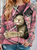 Women's Pullover Christmas Sweatshirt Plaid Cat Sportswear
