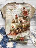 Women's Christmas Train Print Crew Neck T-Shirt