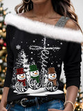 Christmas Women's  Blouse Snowman Print  Casual Long Sleeve