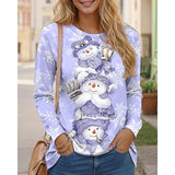 Women's Pink Vintage Snowman Print Round Neck Long Sleeve Top