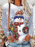 Christmas Shirt Women's Snowman Snowflake Print Long Sleeve