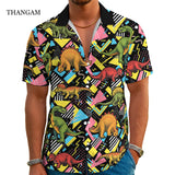 THANGAM 80s Hawaiian shirt for Men Funny Dinosaur Geometry Clothes Button-Up Disco Party Outfit 80s Clothing
