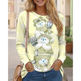 Women's Pink Vintage Snowman Print Round Neck Long Sleeve Top