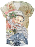Pink Vintage Santa Print Crew V T-Shirt