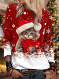 Christmas Sweatshirt  Pullover Cat Print Round Neck