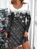 Women's Christmas Plaid Snowflake Print V Neck Dress