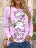 Women's Pink Vintage Snowman Print Round Neck Long Sleeve Top