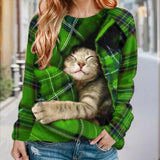 Women's Pullover Christmas Sweatshirt Plaid Cat Sportswear