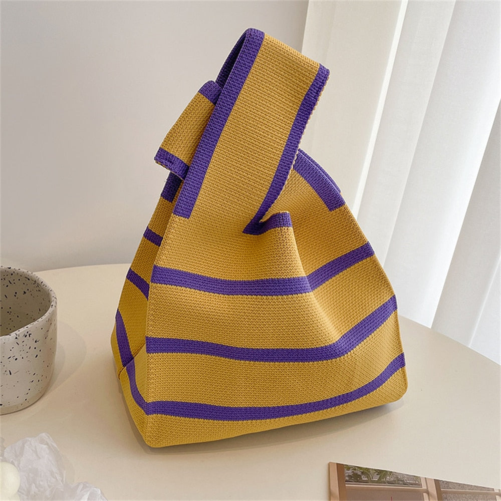 Striped Handmade Knitted Handbag Tote Bag