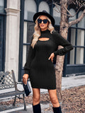 European and American Autumn and Winter New Women's Casual Hollow Solid Color Slim Long-sleeved Hip-covering Dress