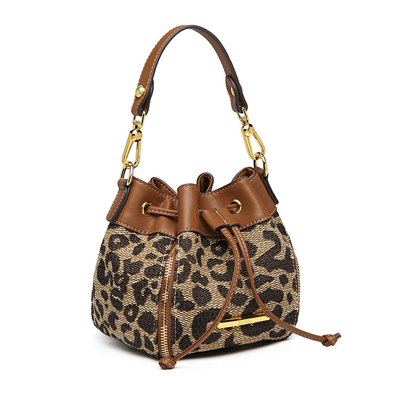Womne Leopard Print Shoulder Messenger Bucket Bag