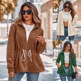 Winter Casual Women's New Stand-up Collar Solid Color Strap Waist Long-sleeved Plush Jacket