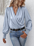 Women's V-neck Lantern Sleeve Elegant Solid Color Shirt