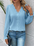 Long-sleeved V-neck Lace Cutout Shirt