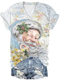 Pink Vintage Santa Print Crew V T-Shirt
