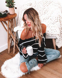 Off Shoulder Pin Striped Loose Pullover Sweaters