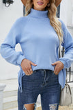 Plain Turtle Neck Tie Sleeves Knit Sweaters