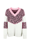 Leopard Splicing V Neck Long Sleeve Knit Sweater