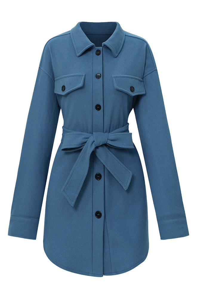 Plain Open Button Waist Belt Fleece Winter Coat Coat