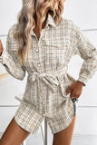 Button Waist Tie Long Plaid Coat with Pockets