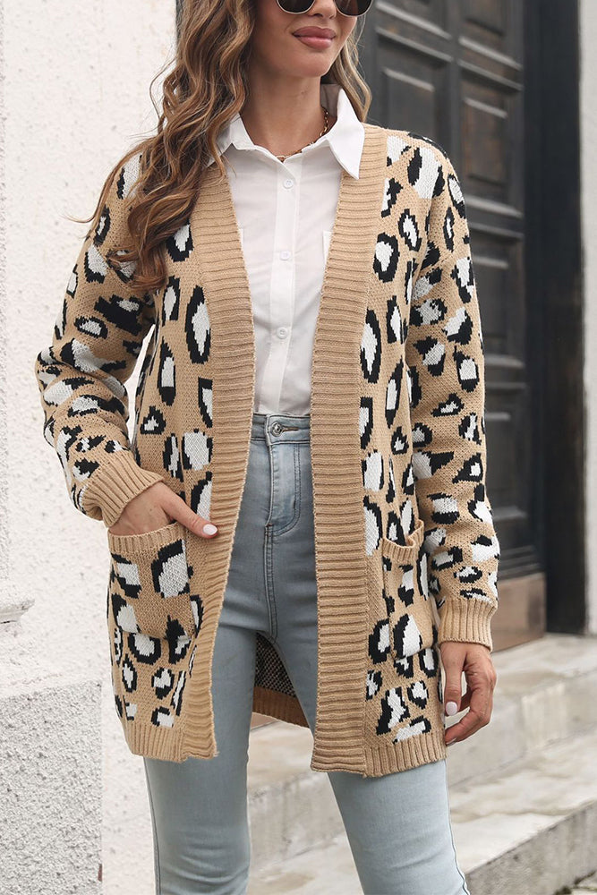 Winter Outfits Leopard Open Front Pocket Sweater Cardigans