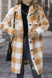 Brown Open Button Plaid Long Length Fleece Winter Outfits Coat