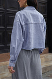 Blue Lapel Collar Raw Hem Button Open Denim Jackets