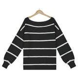 Off Shoulder Pin Striped Loose Pullover Sweaters