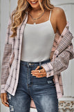 Stripes Splicing Button Up Pocket Plaid Shirt