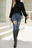 Plain Turtle Neck Tie Sleeves Knit Sweaters