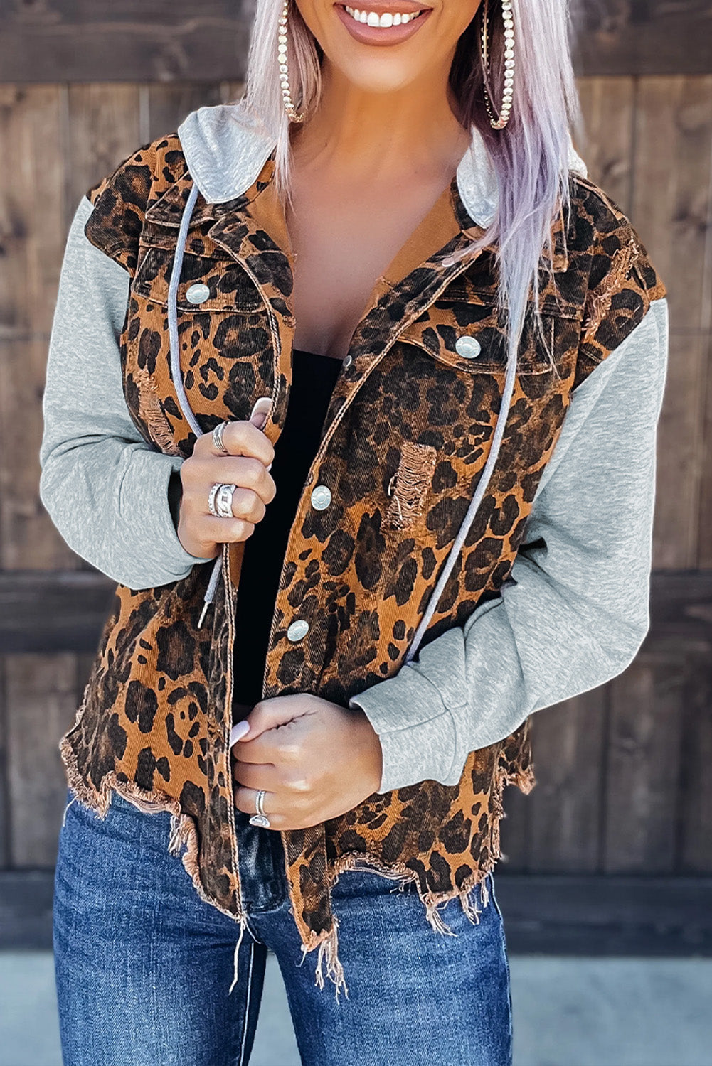 Leopard Ripped Hooded Denim Winter Outfits Jacket