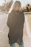 Black White Striped Pocketed Long Cardigan