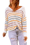 Orange Striped Winter Outfits Knitted V Neck Sweater