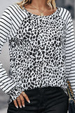 Leopard Print Reglan Striped Sleeves Top