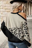 Cut Shoulder Leopard Splicing Knit Sweaters