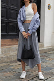 Blue Lapel Collar Raw Hem Button Open Denim Jackets