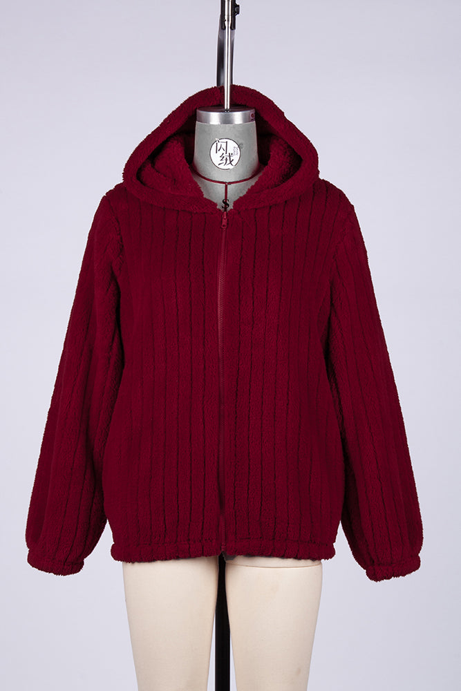 Red Hooded Zipper Ribbed Fleece Winter Outfits Coat