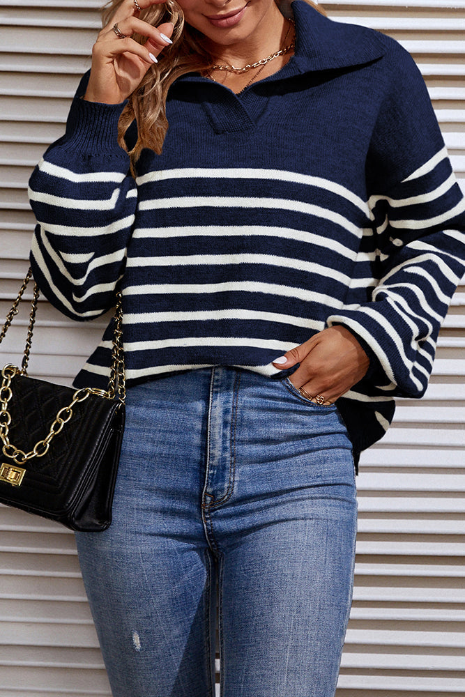 Winter Outfits Stripes Splicing Lantern Sleeve Sweater