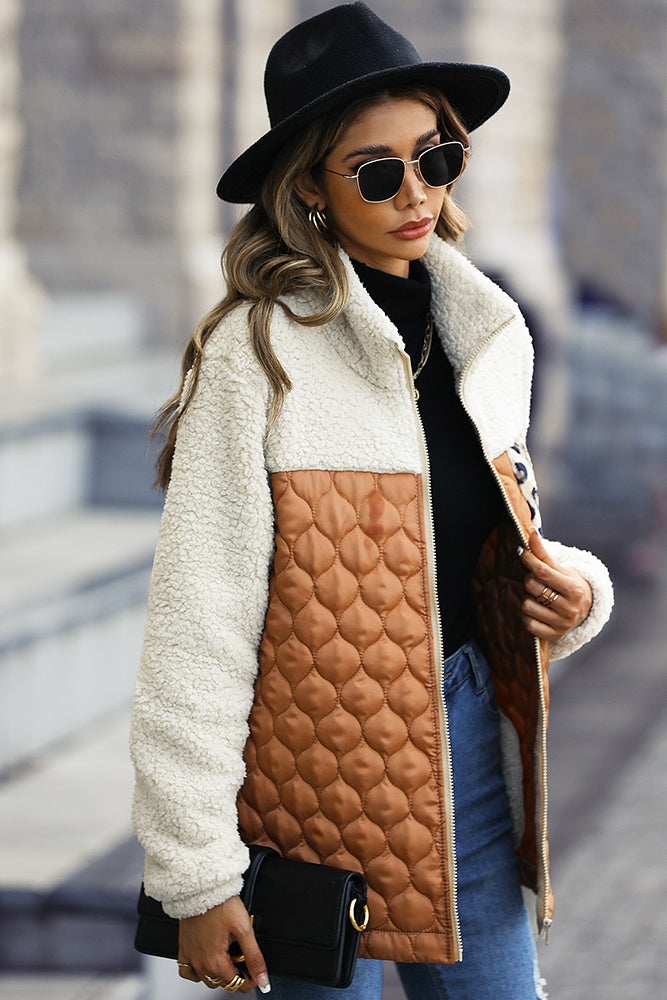 Color Block Leopard Patchwork Zipper Fleece Coat