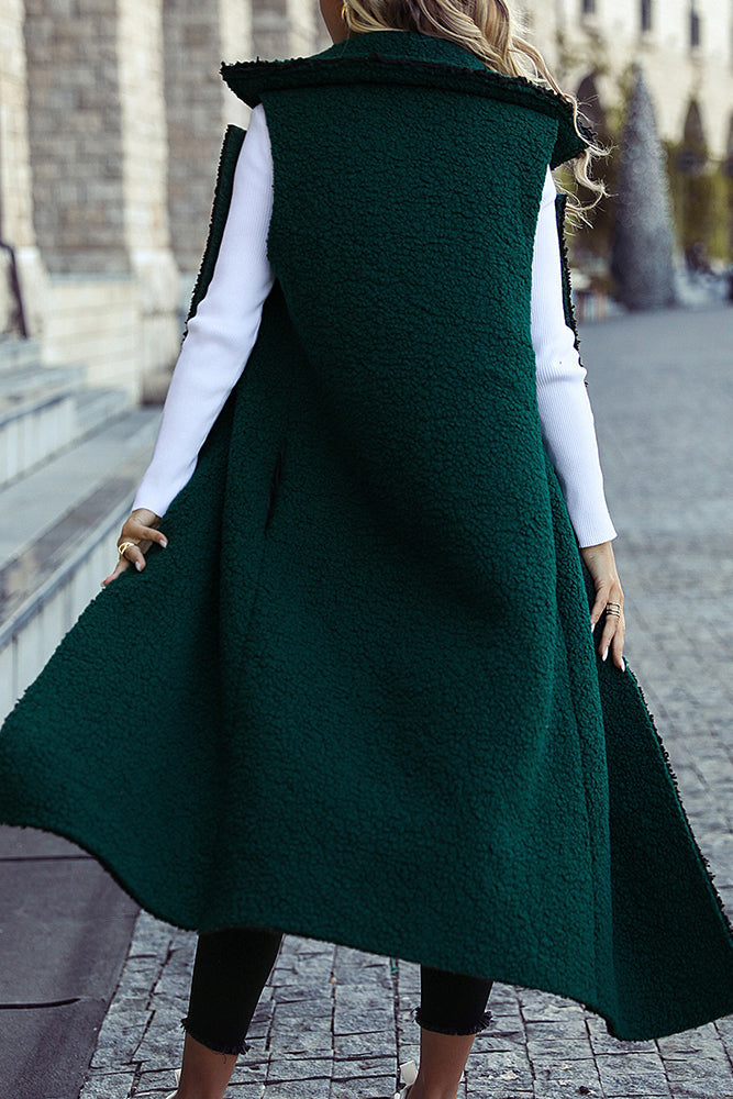 Green Lapel Sleeveless Long Fleece Winter Outfits Coat