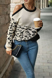 Cut Shoulder Leopard Splicing Knit Sweaters