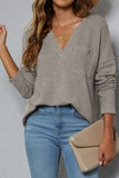 Plain V Neck Waffle Knit Pocketed Long Sleeves Top